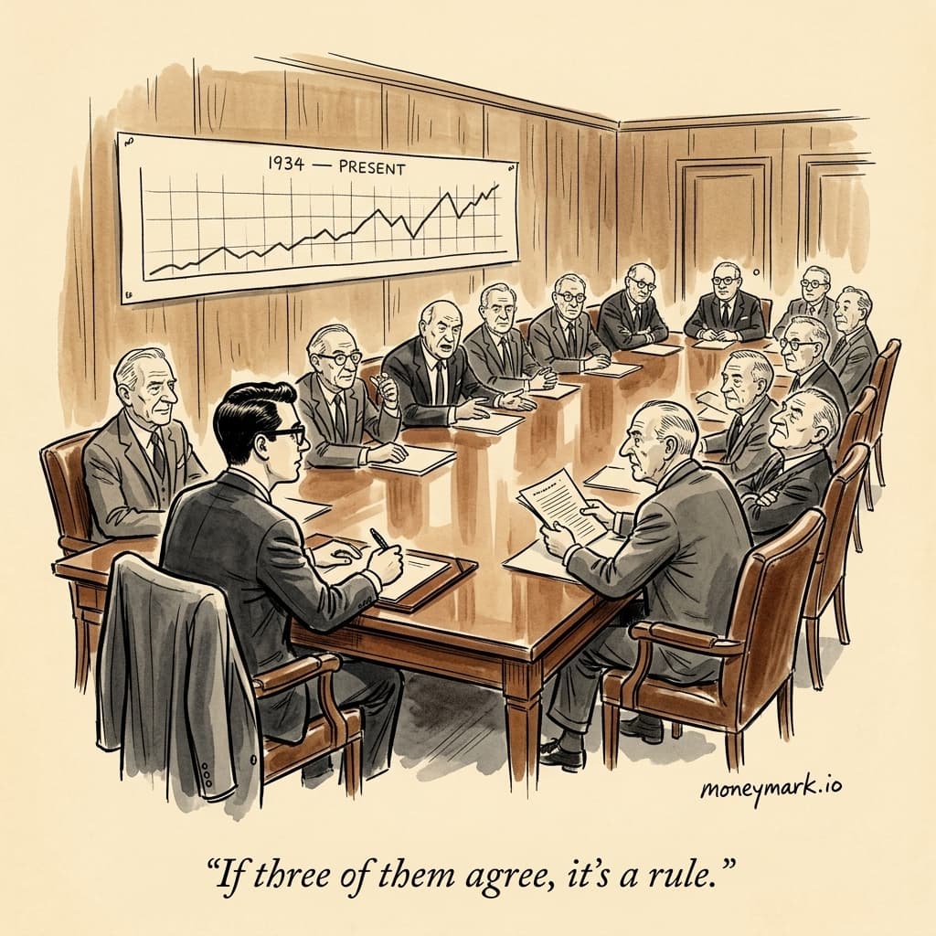 Cartoon: a young professional in horn-rim glasses sits at the near head of a long mahogany boardroom table, notebook open and pen in hand, listening. Fourteen older men in dark mid-century suits fill the chairs around the table, mid-debate — some leaning in to agree, one or two studying papers, one folded-armed in dissent. A long chart labelled '1934 — PRESENT' hangs on the wood-panelled wall behind them. Caption: If three of them agree, it's a rule.
