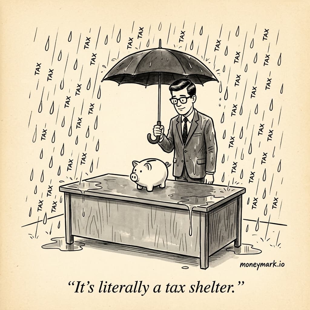 Cartoon: a young professional in a dark suit and horn-rim glasses stands behind a wooden office desk, holding a black umbrella over a small piggy bank as 'TAX' raindrops pour down around him. The pig stays dry on the soaked desktop. Caption: It's literally a tax shelter.
