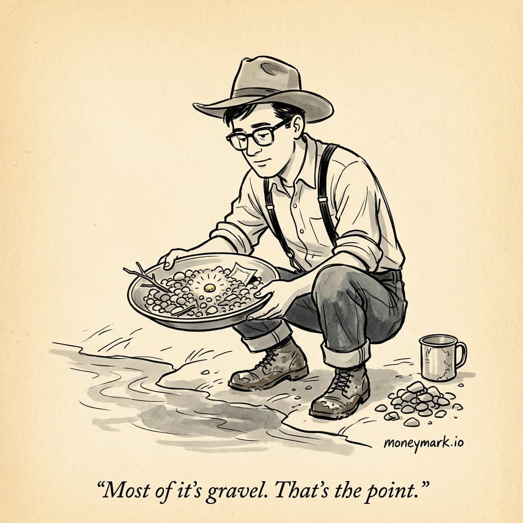 Cartoon: a young professional in horn-rim glasses, dressed as a 19th-century gold prospector — wide-brimmed felt hat, suspenders over a rolled-sleeve work-shirt, denim trousers, mud-caked boots — crouches at the bank of a small stream holding a wide tin pan heaped with gravel and twigs and one tiny gleaming nugget at its centre. A battered tin coffee mug and a small pile of rejected pebbles sit on the bank beside him. Caption: Most of it's gravel. That's the point.