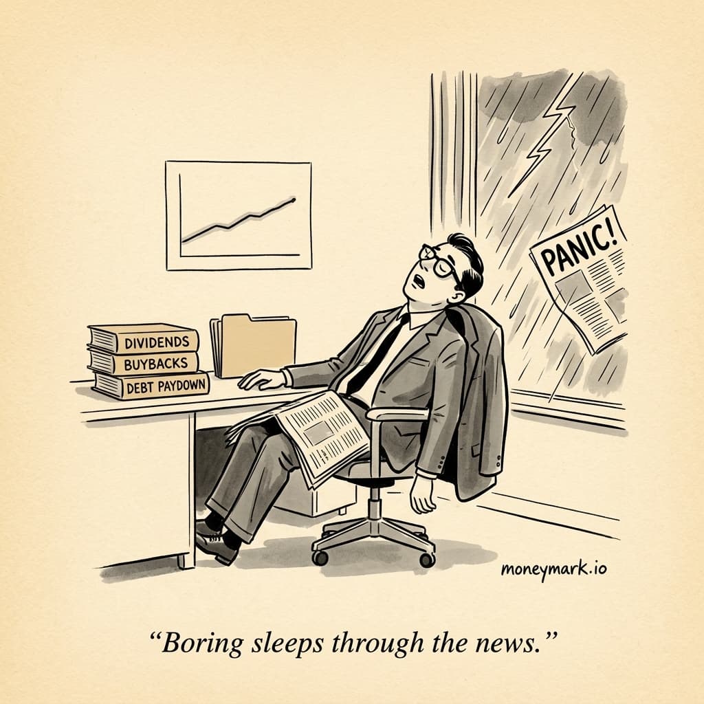 Cartoon: a young professional in horn-rim glasses is sound asleep in his office chair, head tipped back, mouth slightly open, a newspaper draped across his lap. On the desk in front of him sit three neatly labelled binders — 'DIVIDENDS', 'BUYBACKS', 'DEBT PAYDOWN' — and a manila folder; on the wall above, a small chart shows a gently rising line. Through the tall office window beside him a storm rages — a hand-inked lightning bolt and a windblown newspaper page reading 'PANIC!' — and he is missing all of it. Caption: Boring sleeps through the news.