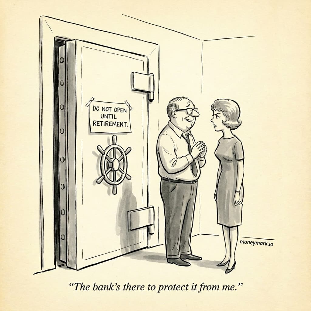 Cartoon: a middle-aged man in shirt-sleeves and tie smiles at a massive bank vault with a 'DO NOT OPEN UNTIL RETIREMENT' sign on the door, while his wife eyes the sign skeptically. Caption: The bank's there to protect it from me.