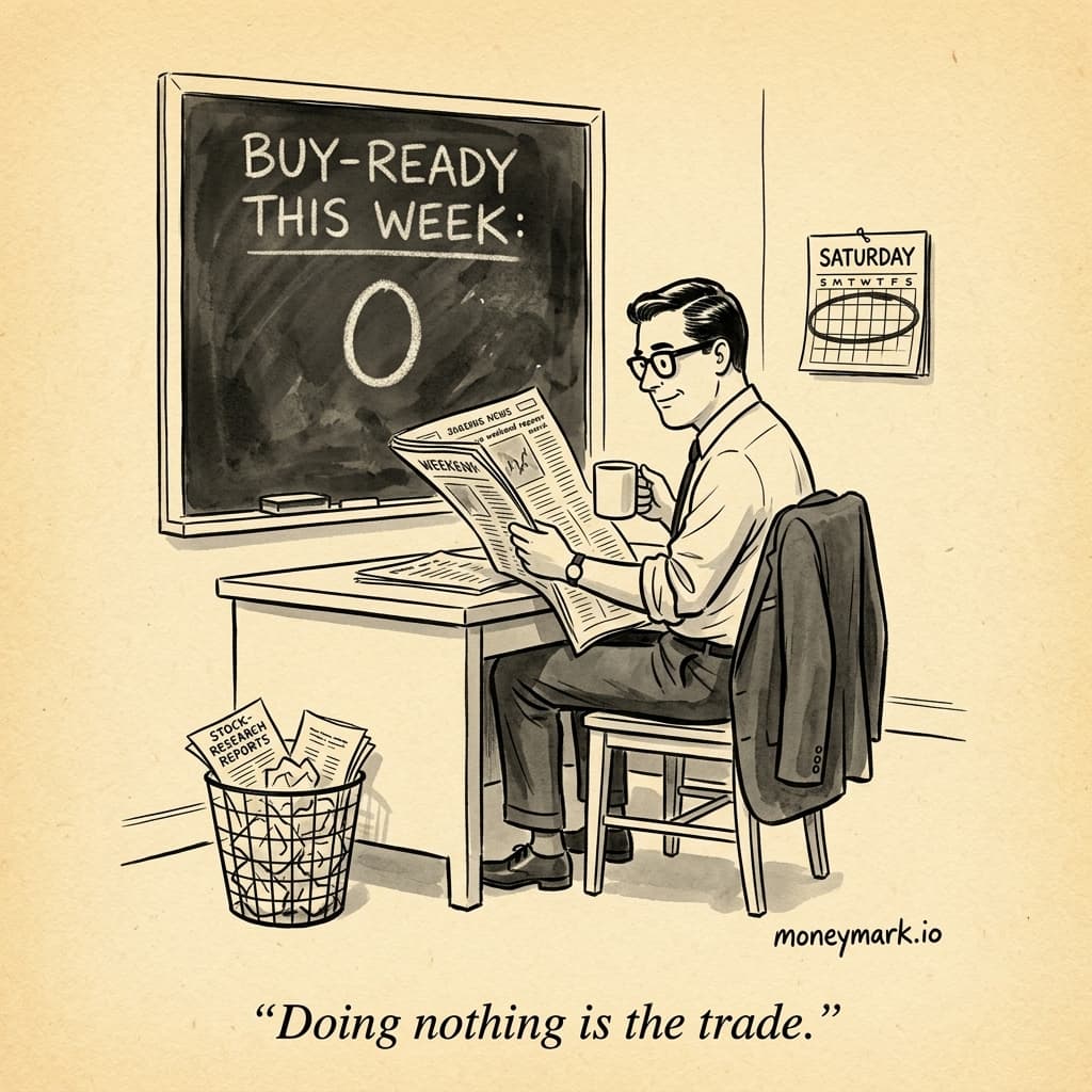 Cartoon: a young professional in horn-rim glasses sits at a 1960s wooden office desk in shirt-sleeves, reading the weekend newspaper with a coffee mug in hand. On the wall behind him a large chalkboard reads 'BUY-READY THIS WEEK:' with a single chalked '0' below; a 'SATURDAY' calendar hangs beside it. A wire wastebasket by the desk is stuffed with crumpled stock-research reports. Caption: Doing nothing is the trade.