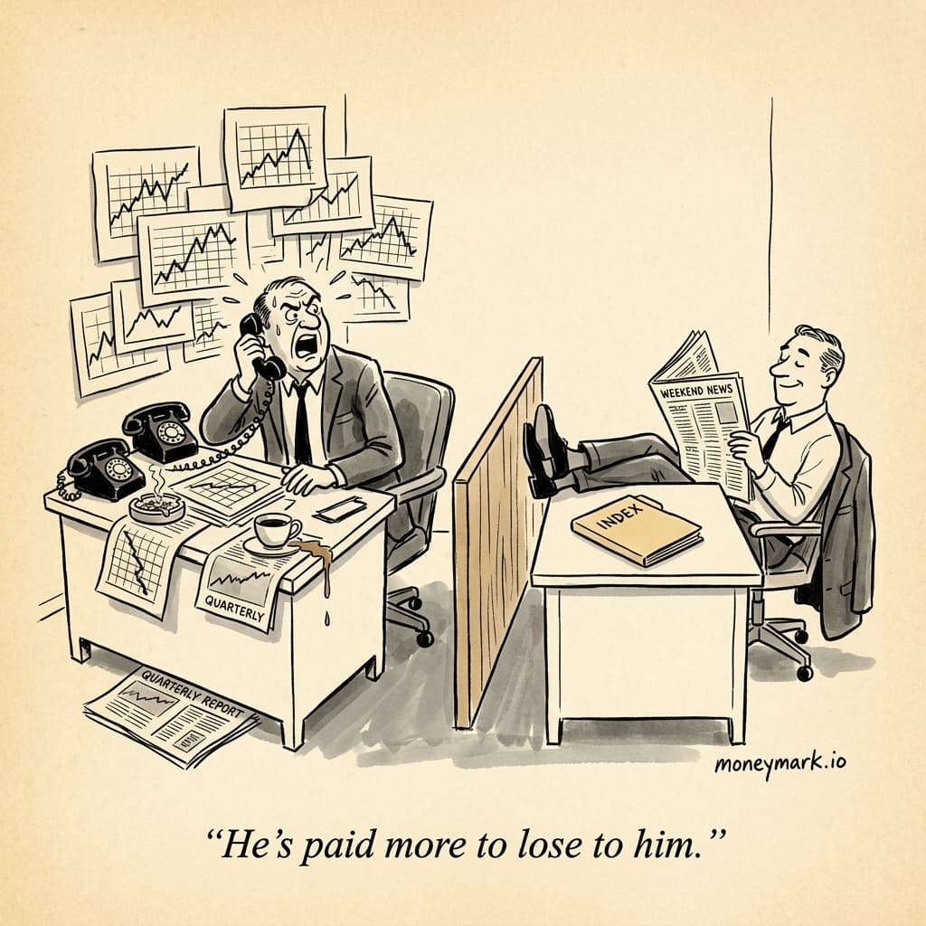 Cartoon: a shared 1960s brokerage office divided by a low wooden partition. On the left, an older active fund manager in a rumpled suit yells into a black rotary telephone, a wall of chaotic market-chart printouts pinned behind him, coffee spilling across a 'QUARTERLY' report, a second phone and a discarded quarterly on the floor. On the right, a younger man in shirt-sleeves with his suit jacket draped on the chair leans back with his feet up on a near-empty desk, reading the 'WEEKEND NEWS' newspaper, smiling — a single manila folder labelled 'INDEX' sits on the desktop. Caption: He's paid more to lose to him.
